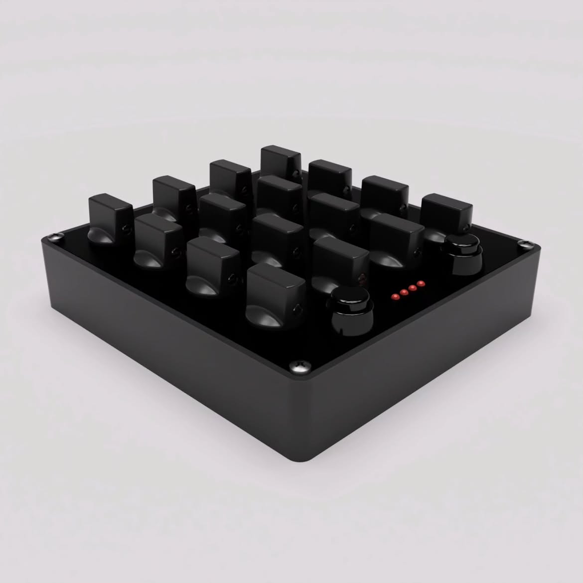 Render of the MIDI-64: a black enclosure with a grid of knobs, two buttons and four red LEDs